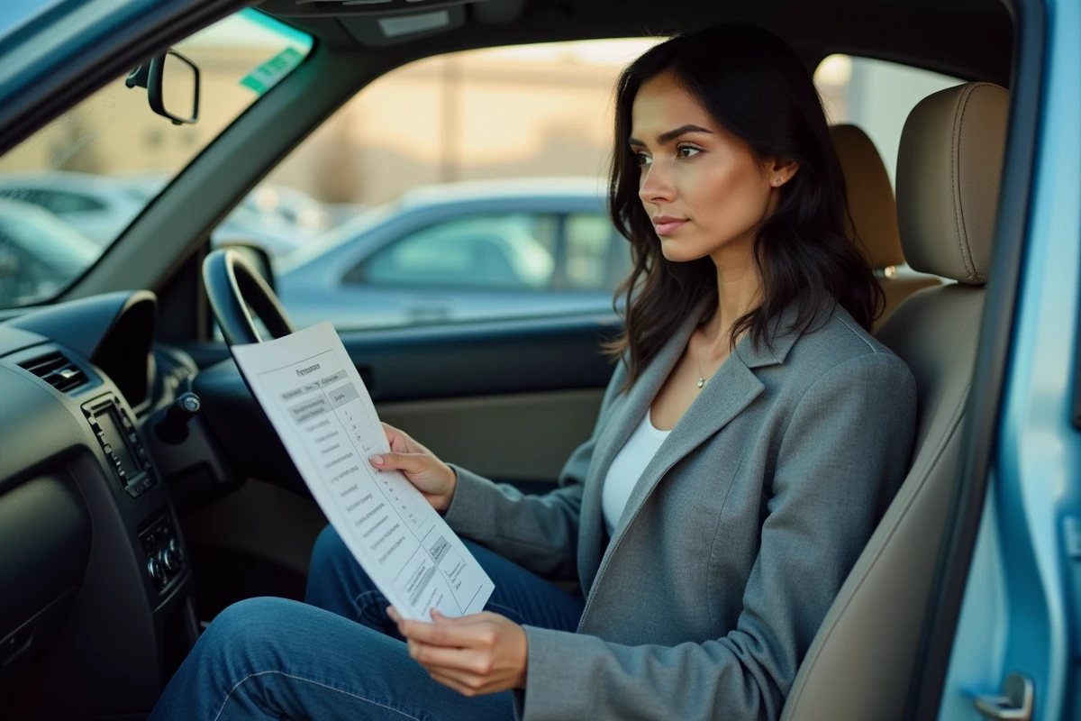 Une femme consulte la fiche de prix d'une voiture d'occasion assise dans l'habitacle d'un véhicule en concession