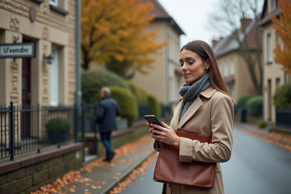 Agente immobilière devant une maison à vendre en automne avec un panneau 'À Vendre' et un acheteur potentiel