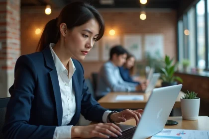 Femme d'affaires analysant la rentabilité de CityGo sur son ordinateur portable dans un espace de coworking moderne