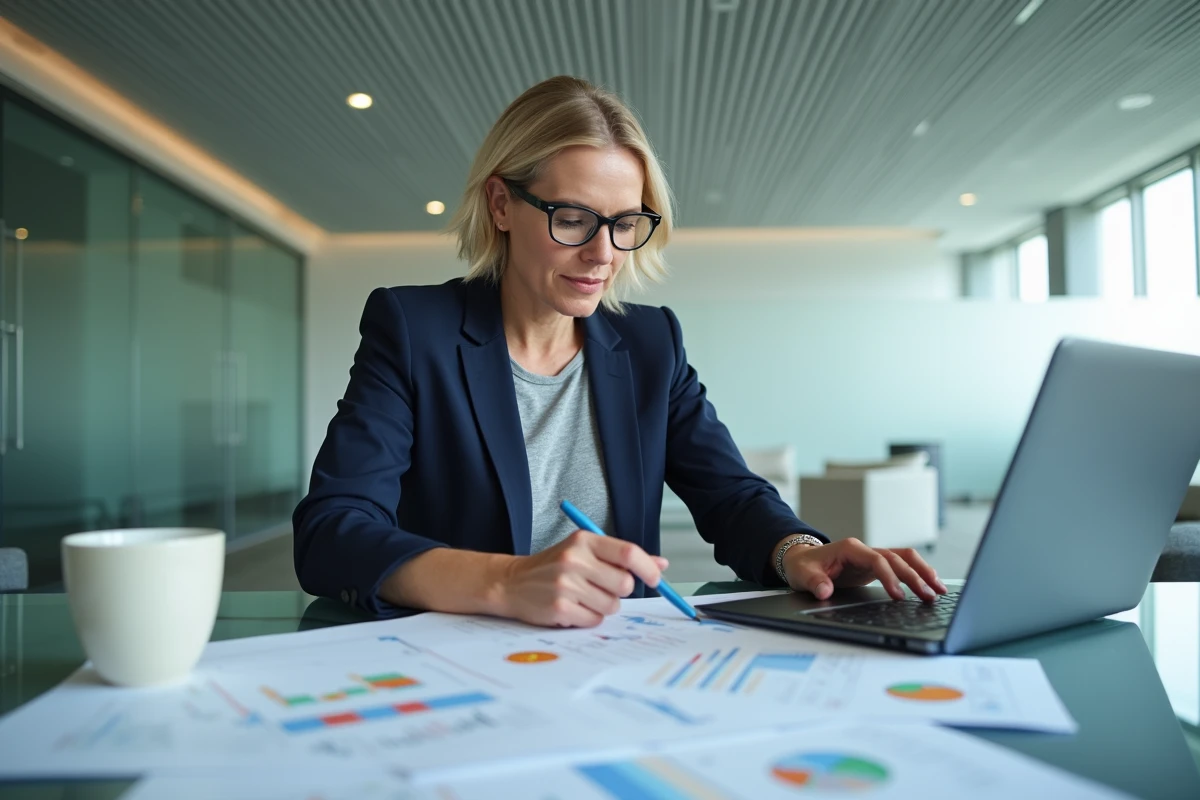 Femme analyste financière comparant des données boursières et crypto-monnaies dans une salle de réunion d'entreprise