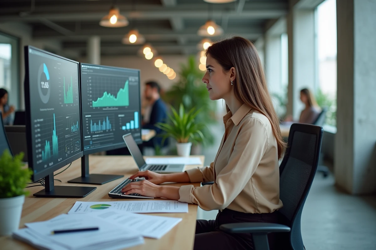 Femme analyste de données dans un bureau moderne, illustrant la transformation numérique des métiers
