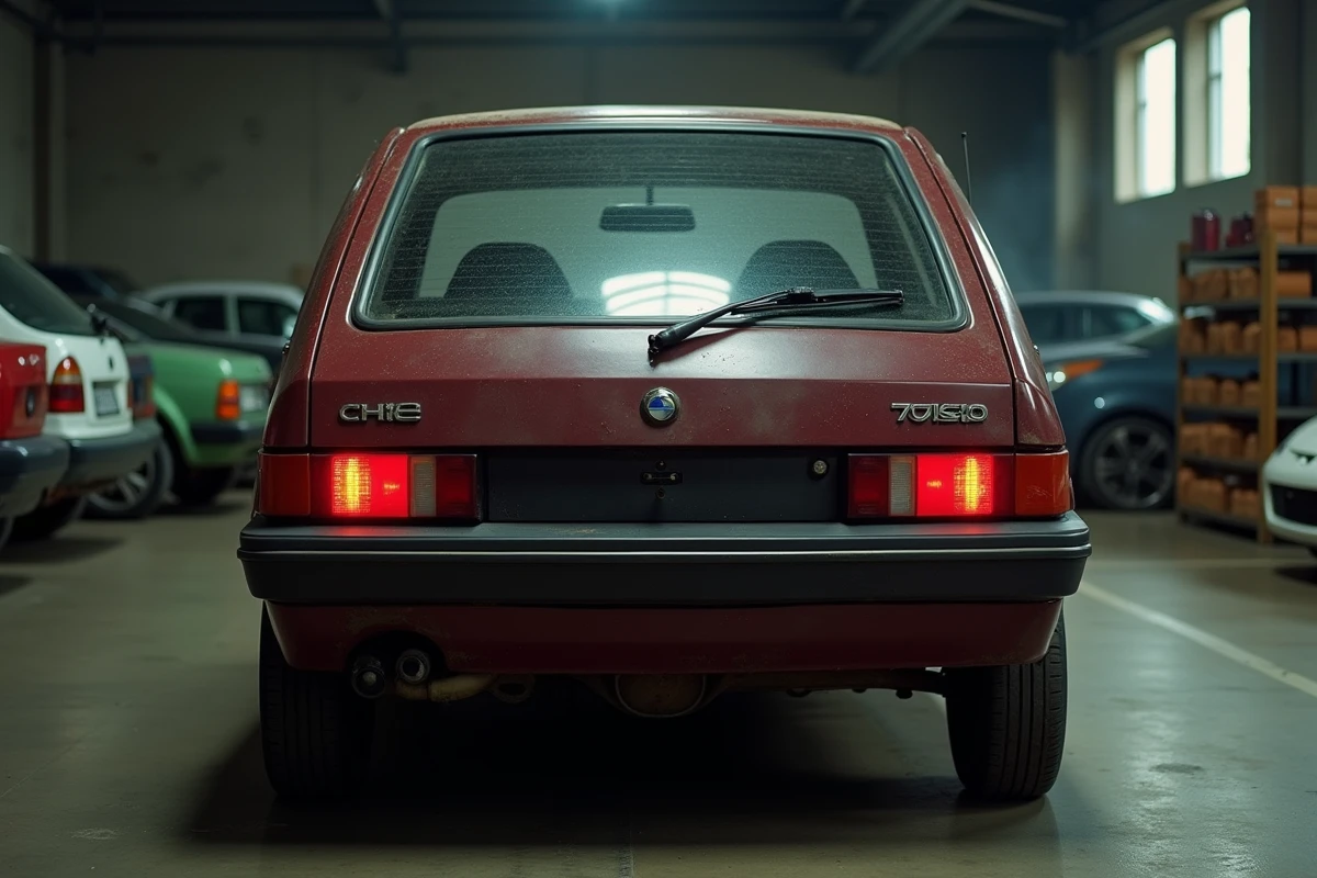 Vieille voiture française au design vieillot photographiée dans un garage de voitures d'occasion avec une esthétique documentaire