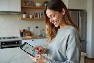 Femme utilisant une application de calendrier familial partagé sur tablette dans une cuisine moderne