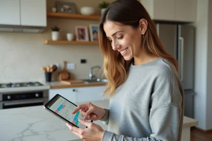 Femme utilisant une application de calendrier familial partagé sur tablette dans une cuisine moderne