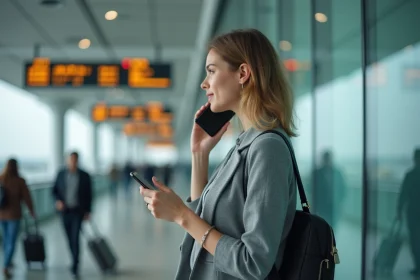 Femme utilisant une application de traduction en temps réel sur smartphone dans un aéroport international