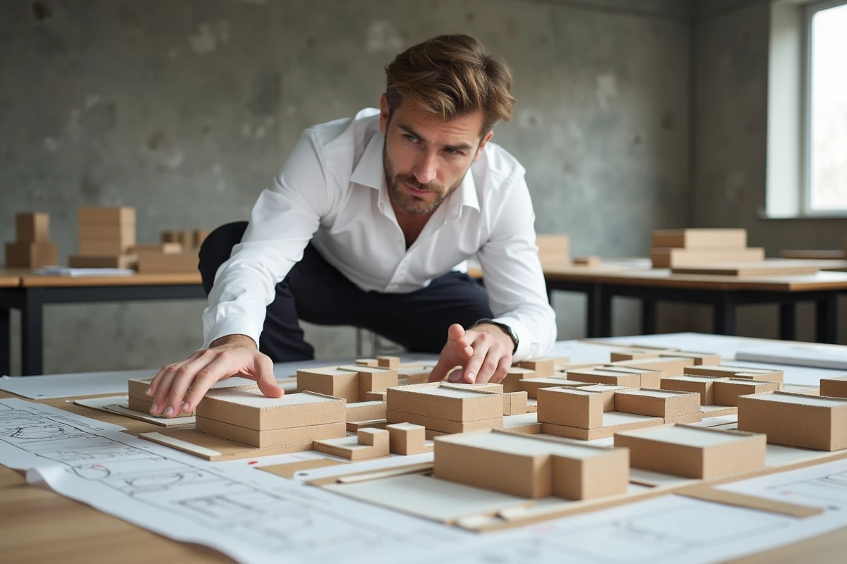 Architecte présentant une maquette urbaine avec des zones résidentielles et commerciales identifiées par codes couleur dans un studio d'architecture