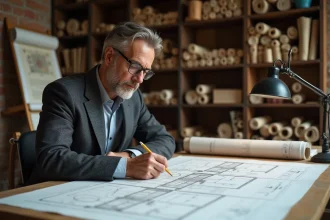 Architecte étudiant des plans superposés dans un studio de conception historique, évoquant l'invention du mode simultané
