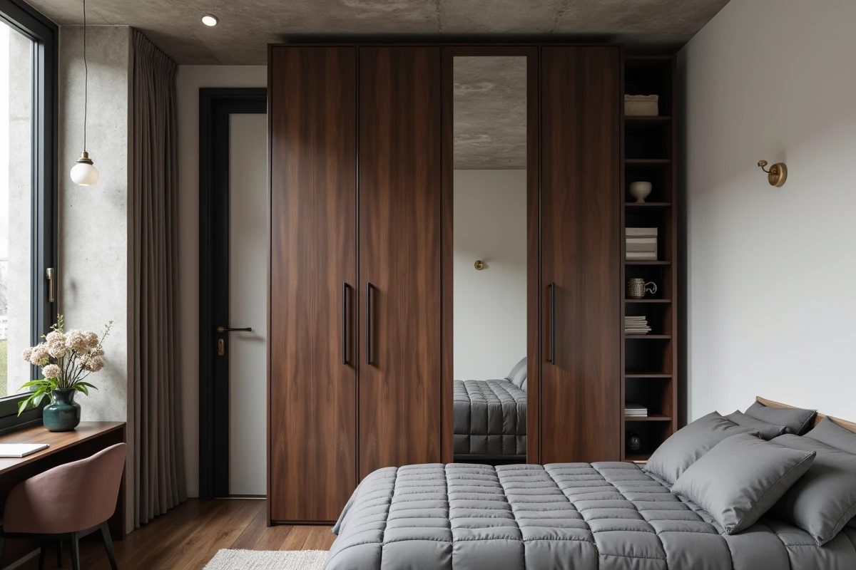 Petite chambre urbaine avec armoire en noyer placée dans le coin près de la porte, miroir pleine longueur et lit simple