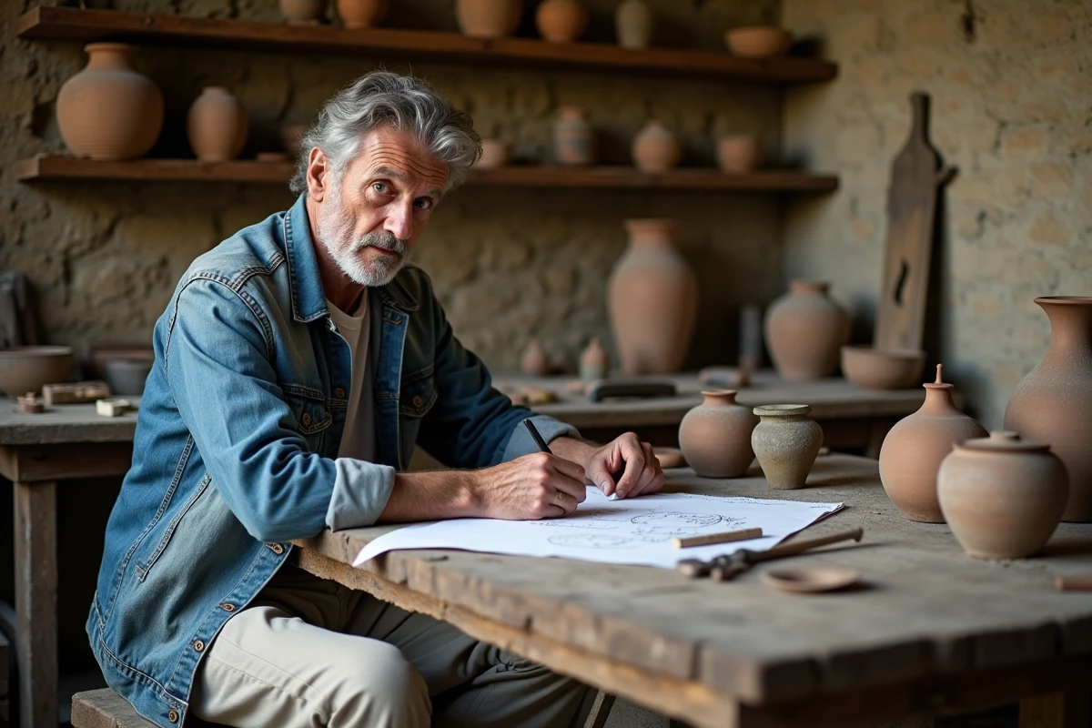 Artisan étudiant des notes manuscrites dans un atelier en pierre rustique, représentant la recherche sur la vrade