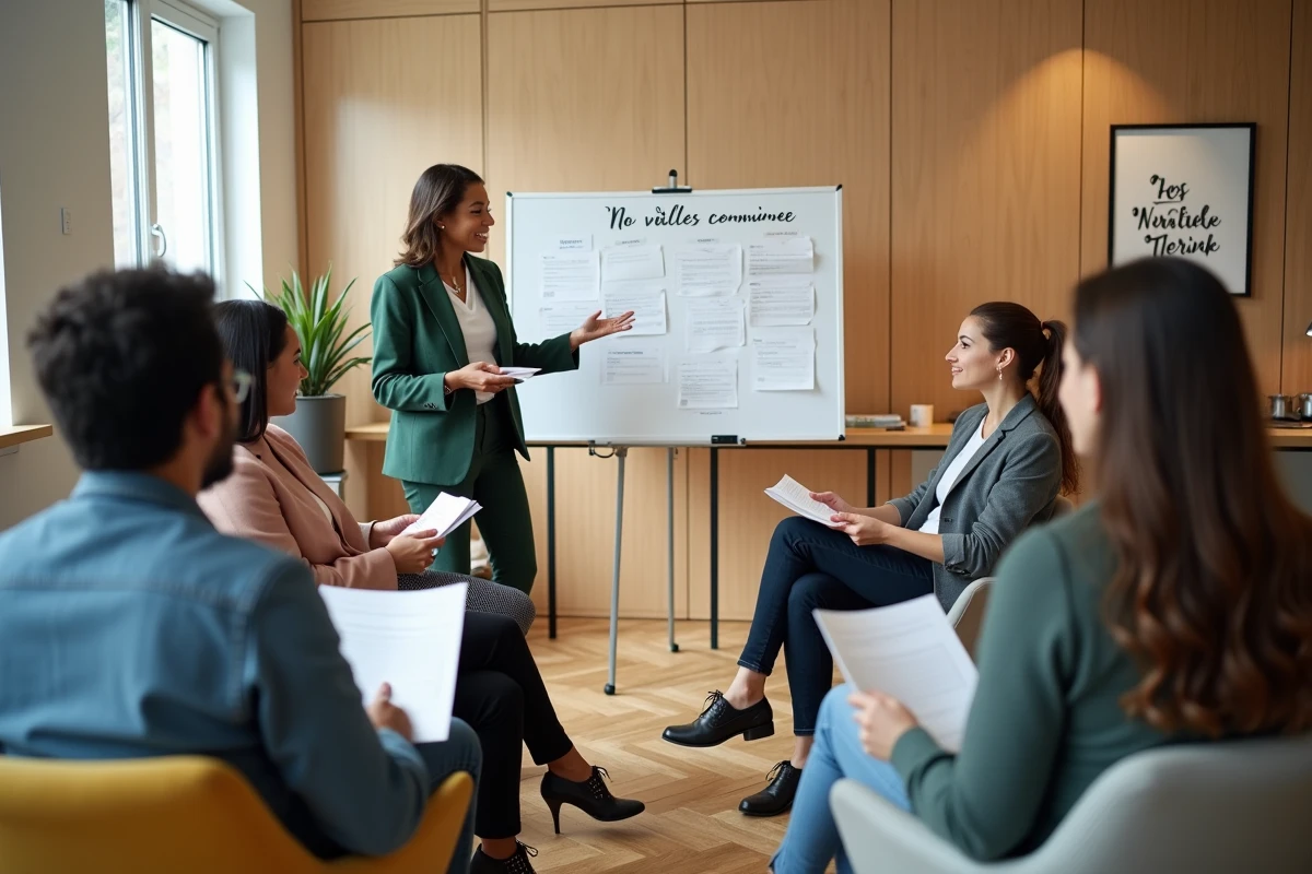 Atelier de sensibilisation à l'inclusion animé par une facilitatrice pour une équipe multiculturelle en salle de réunion informelle