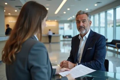 Conseiller bancaire et client discutant de sécurité financière dans une agence bancaire française moderne