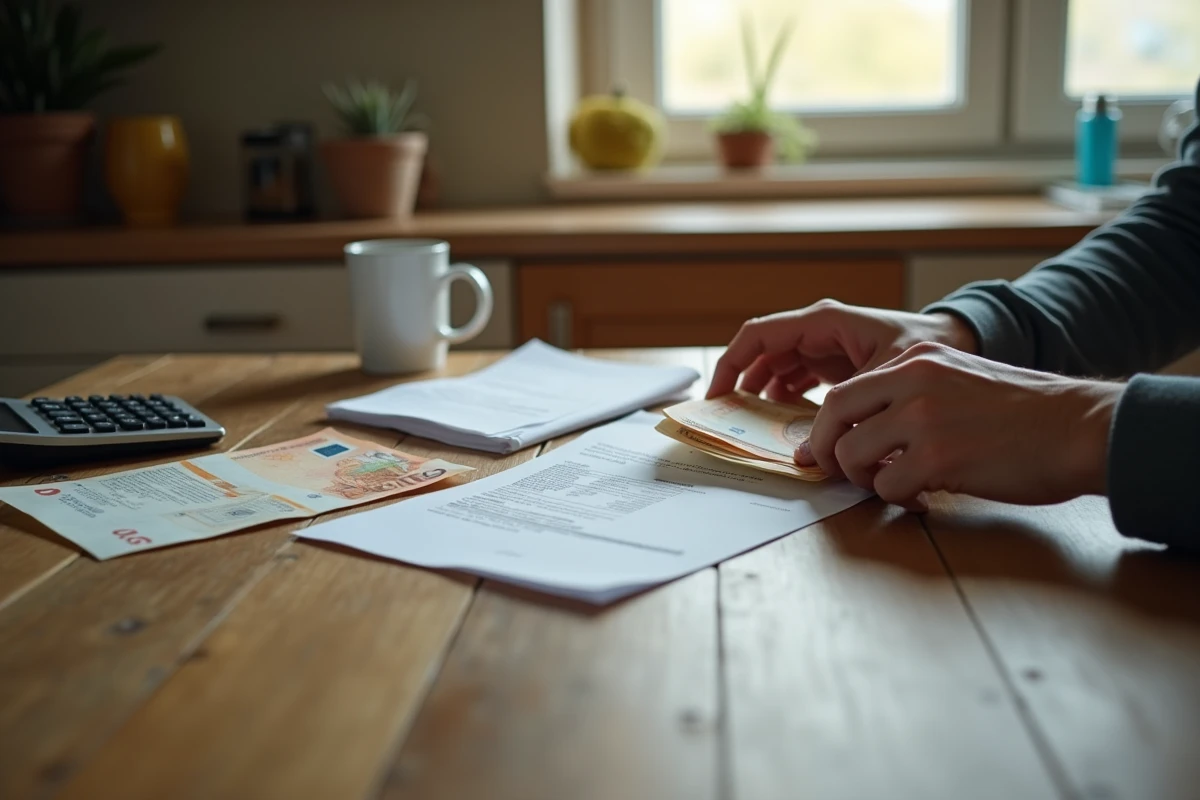 Mains comptant des billets en euros sur une table de cuisine avec calculatrice, illustrant la pression budgétaire liée à l'inflation