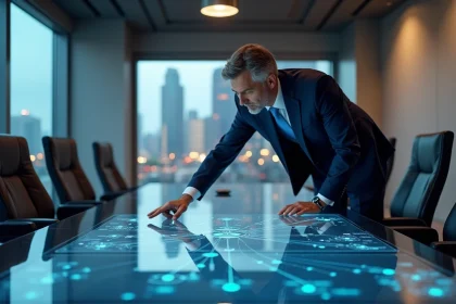 Cadre exécutif en réunion d'entreprise analysant une architecture blockchain sur écran tactile interactif dans une salle de conférence moderne