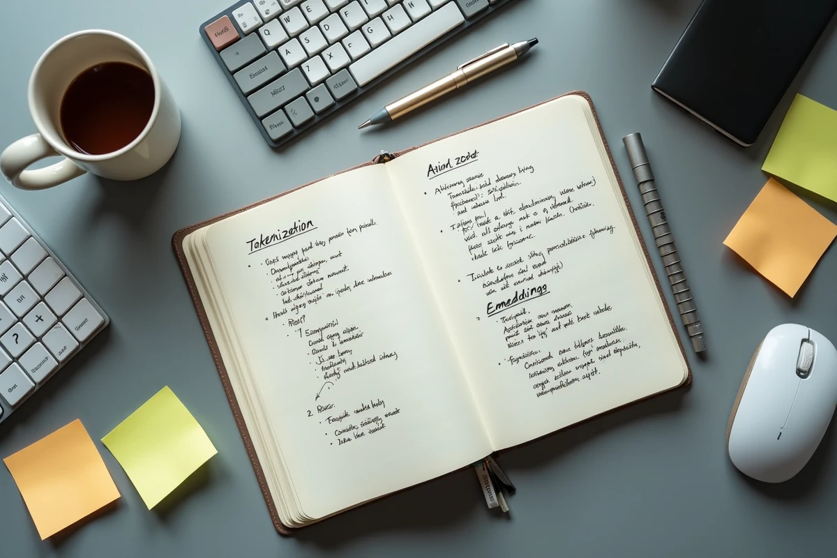 Vue en plongée d'un bureau avec un cahier annoté sur la tokenisation et les mécanismes d'attention d'un LLM, entouré d'un clavier mécanique et de notes autocollantes colorées
