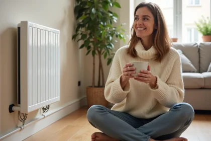 Femme assise près d'un panneau chauffant électrique radiant dans un salon confortable et sain