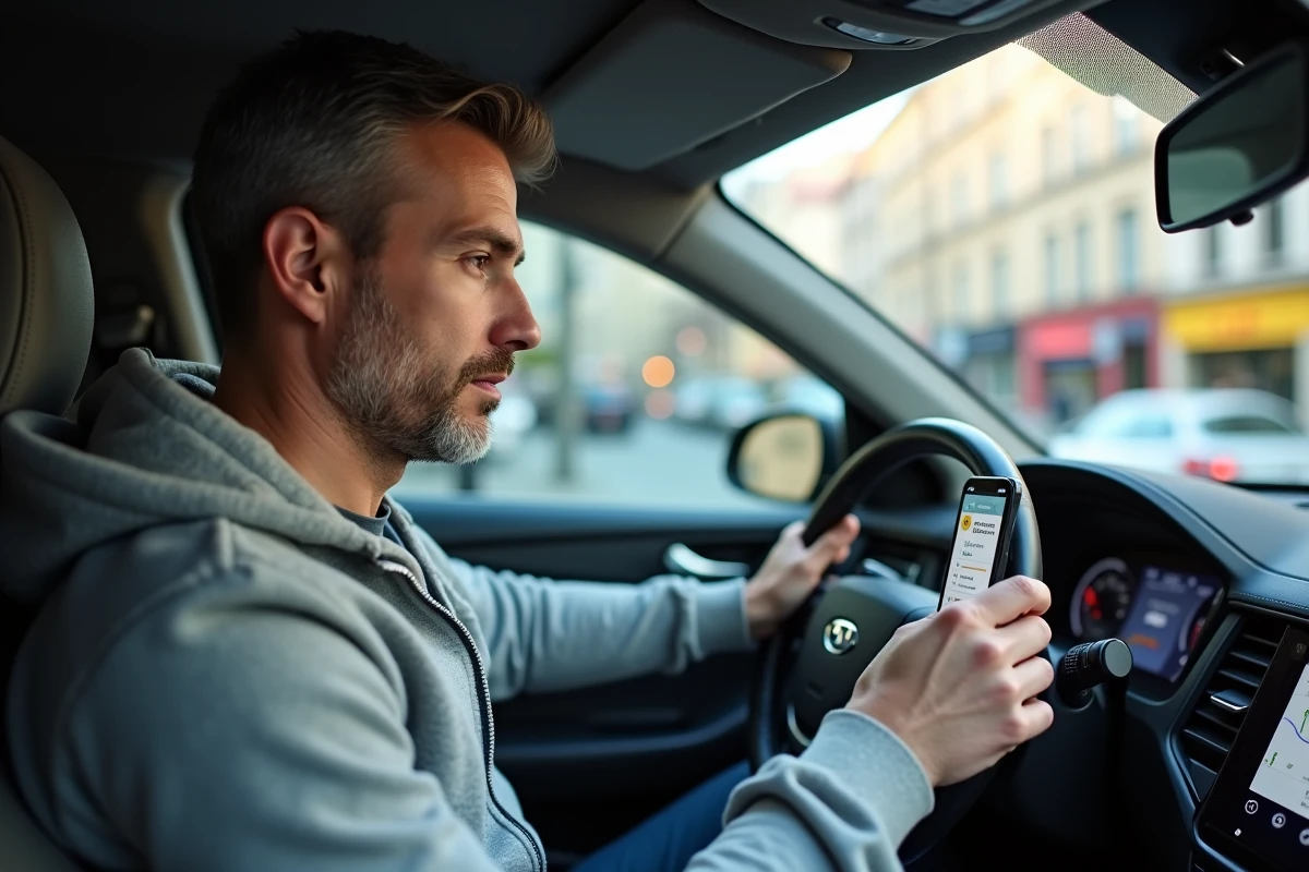 Chauffeur CityGo consultant ses gains sur l'application de covoiturage depuis son véhicule en ville