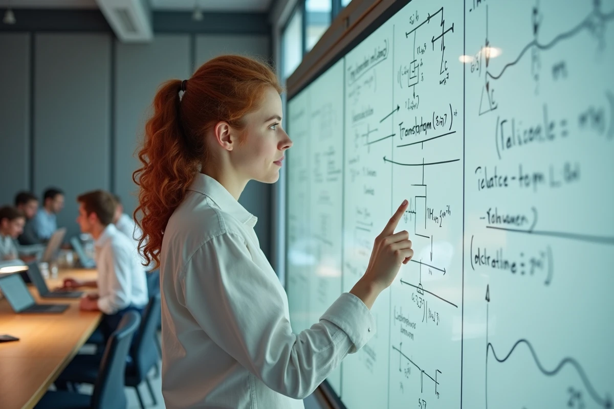 Chercheuse en intelligence artificielle expliquant l'architecture transformer d'un LLM sur un tableau blanc rempli de formules mathématiques dans un laboratoire universitaire