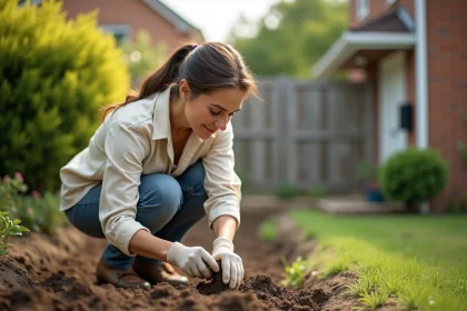 Femme examinant la qualité du sol pour choisir l'emplacement de son jardin