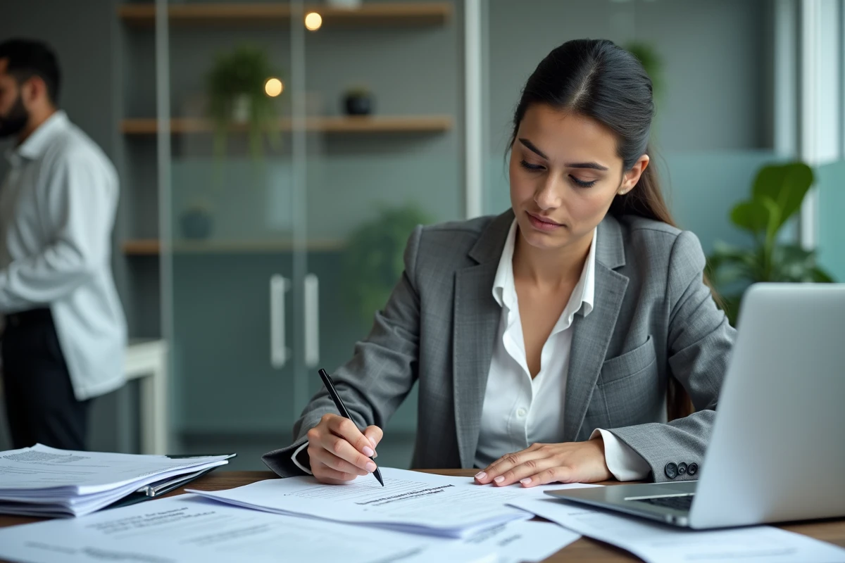 Femme professionnelle consultant des documents réglementaires sur les classes de migration à son bureau dans un environnement de bureau contemporain