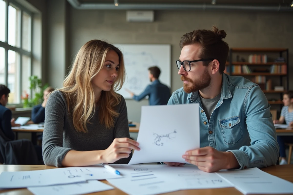 Deux entrepreneurs collaborant dans un espace de coworking pour lancer un projet d'entreprise à budget zéro