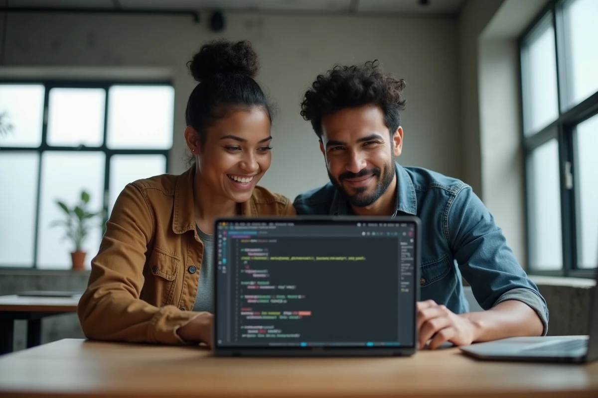 Deux développeurs collaborant sur un projet de code dans un IDE ouvert dans un espace de coworking moderne