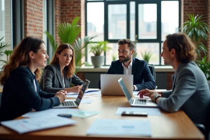 Quatre professionnels collaborant autour d'une table de réunion dans un bureau moderne avec vue urbaine