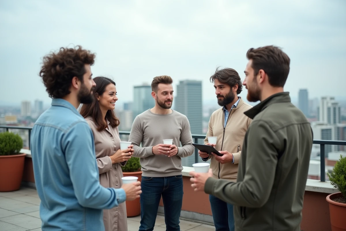 Équipe multigénérationnelle en discussion collaborative sur une terrasse urbaine avec vue sur la ville
