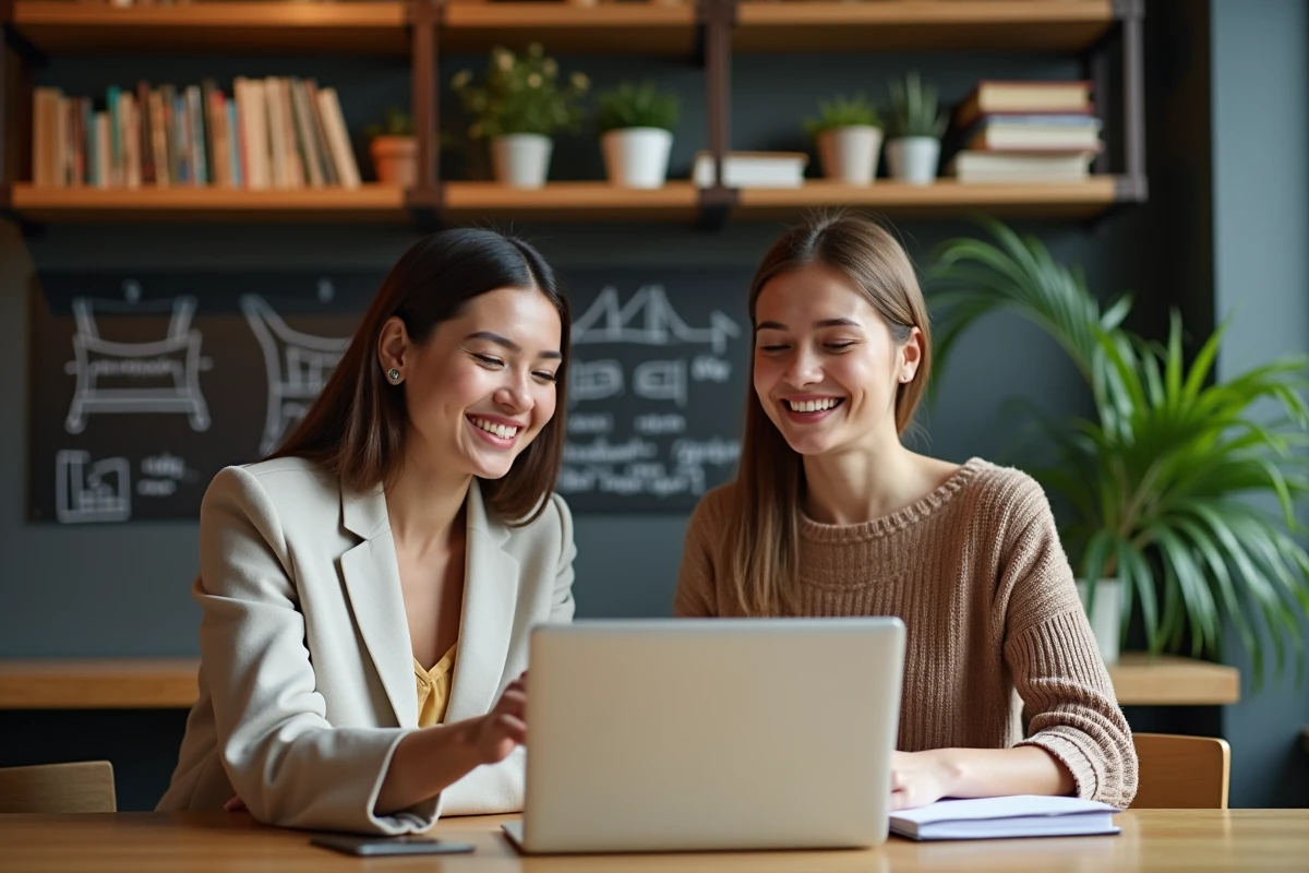 Deux femmes collaborant sur un ordinateur portable dans un espace de coworking chaleureux et créatif