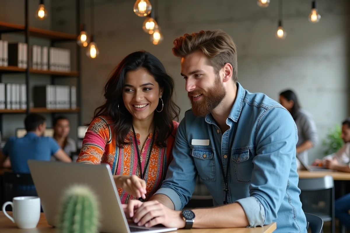 Deux collègues de cultures différentes collaborant sur un projet devant un ordinateur portable dans un espace de coworking moderne