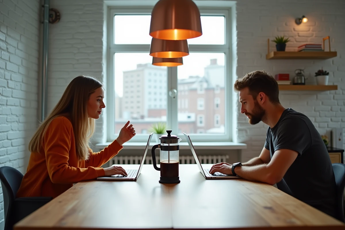 Deux collègues en télétravail connectés via messagerie instantanée depuis leur appartement partagé