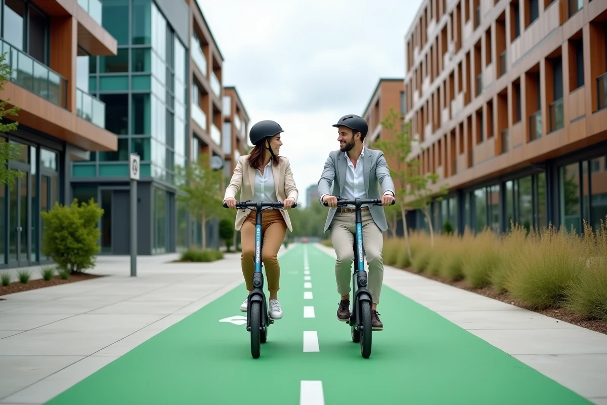 Deux collègues en trottinettes électriques sur une piste cyclable verte dans un quartier urbain durable, illustrant les mobilités douces partagées