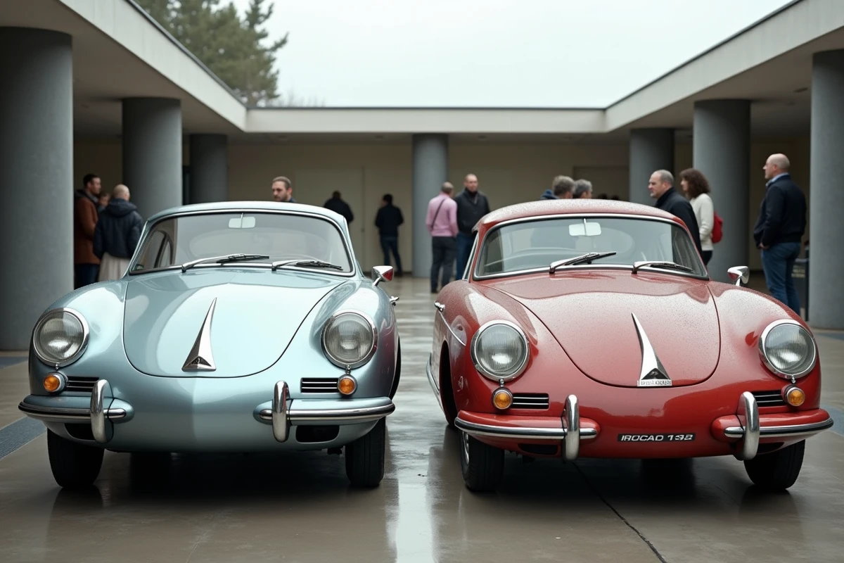 Deux voitures françaises au design controversé exposées côte à côte dans la cour d'un musée automobile en plein air