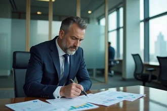 Conseiller bancaire analysant des documents financiers dans une agence bancaire moderne