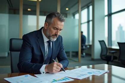 Conseiller bancaire analysant des documents financiers dans une agence bancaire moderne