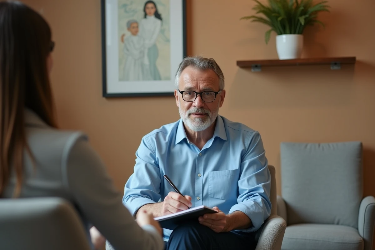 Psychiatre prenant des notes lors d'une consultation thérapeutique dans un cabinet médical calme et moderne