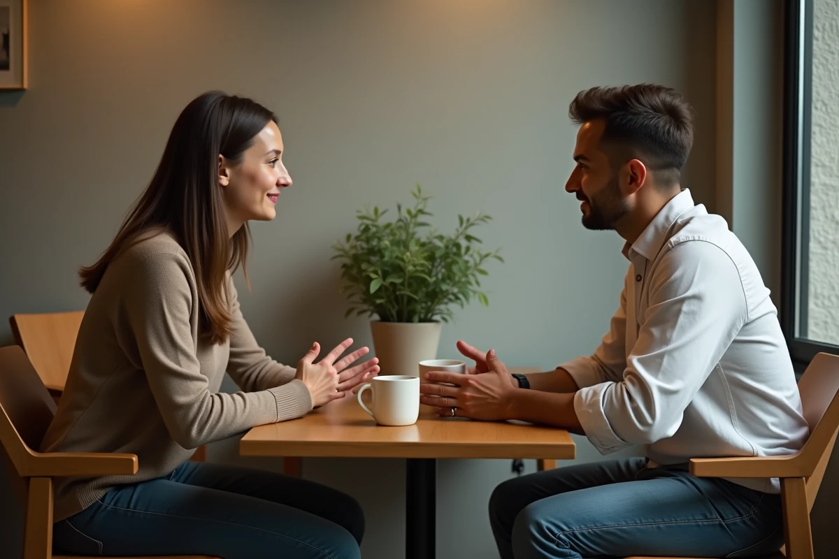 Deux personnes en conversation empathique autour d'une table en bois, illustrant le soutien social et la résilience psychologique