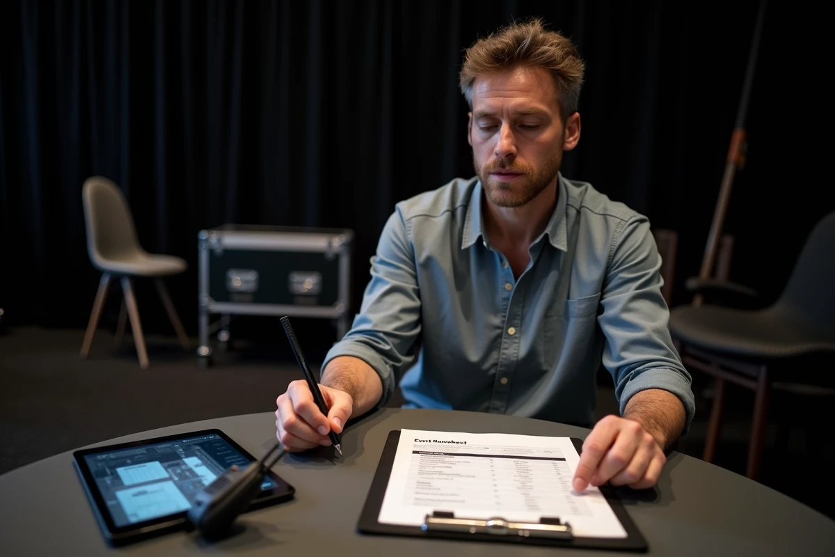 Coordinateur d'événement consultant une feuille de déroulement sur un clipboard en coulisses d'une salle de conférence