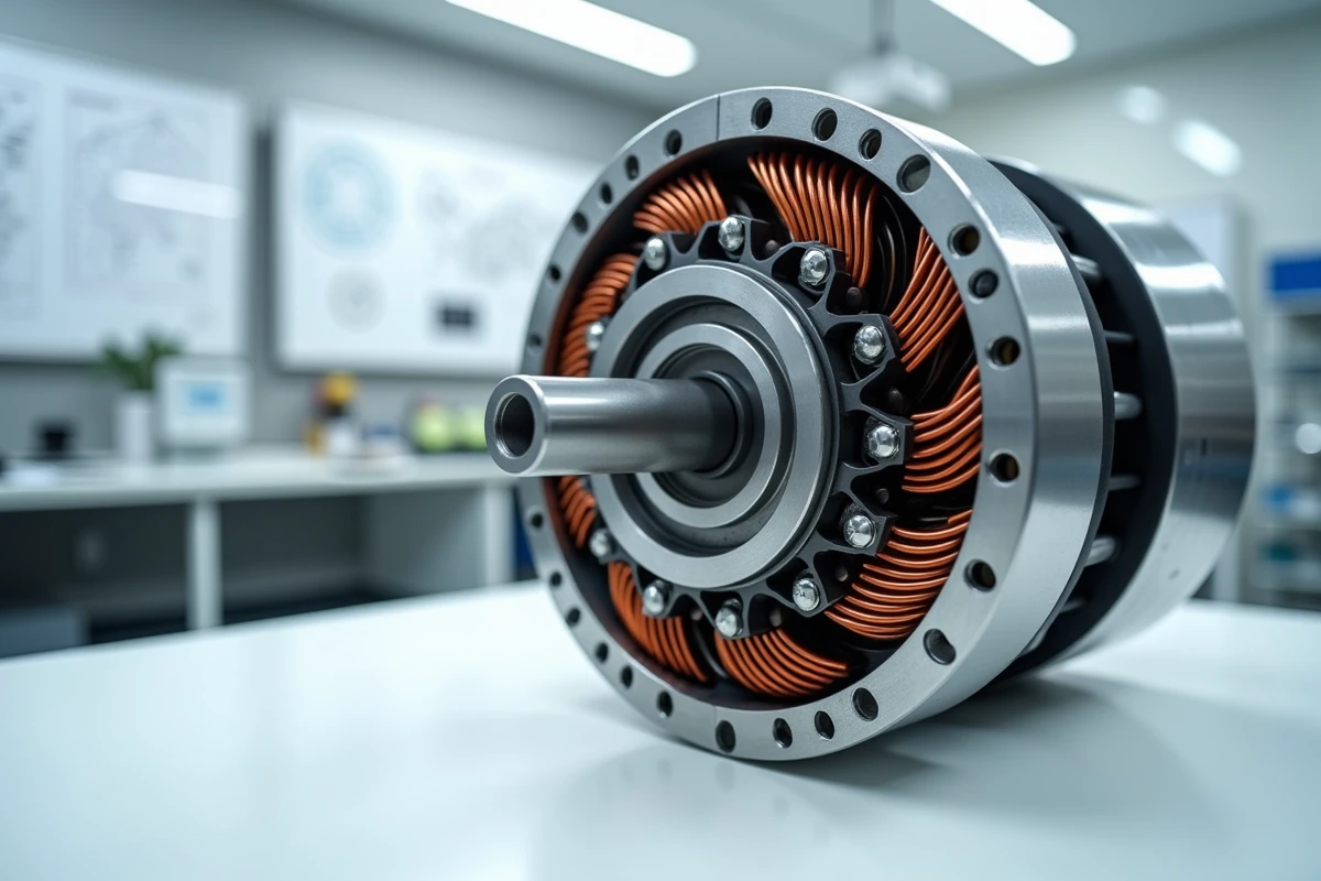 Vue en coupe d'un moteur électrique exposant bobinages en cuivre et roulement interne