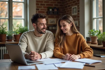 Couple étudiant les documents administratifs liés à la prime d'adoption à la maison