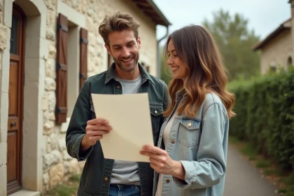 Couple devant une maison rurale bon marché dans un département français peu coûteux