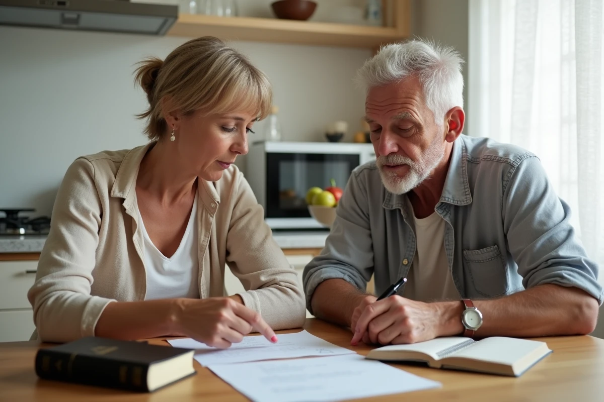 Couple discutant et organisant des documents familiaux importants à table avec une Bible ouverte à leurs côtés