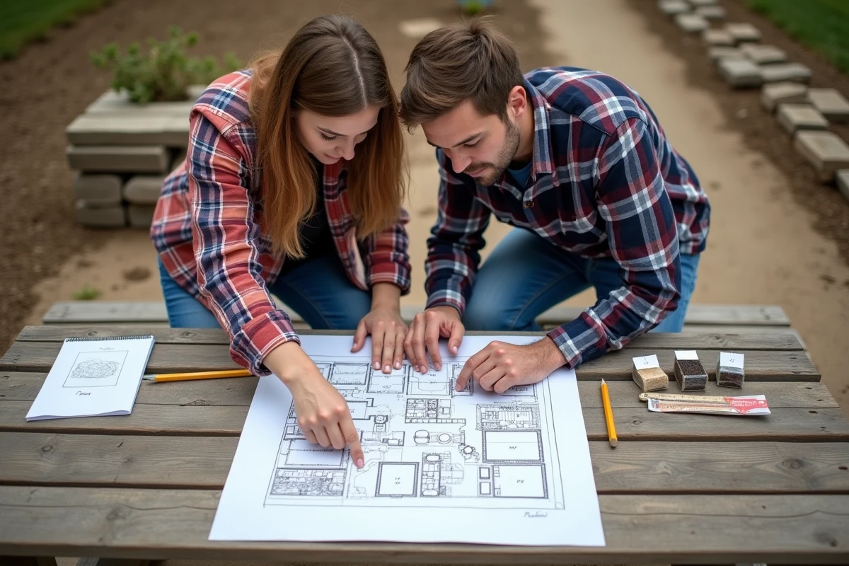 Couple planifiant la conception d'un jardin autour d'un plan dessiné à la main sur une table en bois extérieure