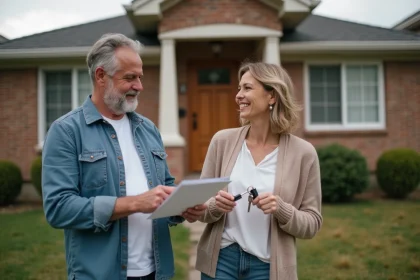 Couple de propriétaires devant leur maison tenant des clés et des documents immobiliers