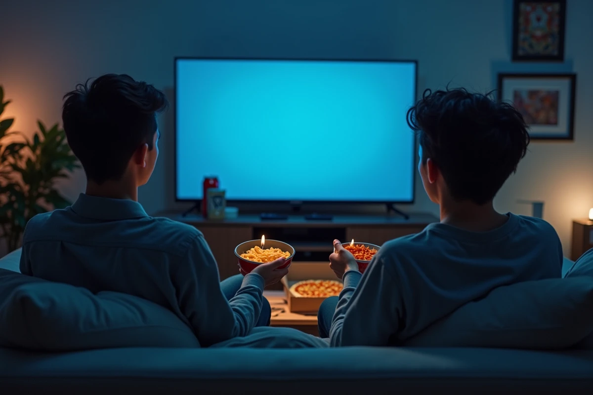 Jeune couple mangeant des snacks industriels devant la télévision, représentant les mauvaises habitudes alimentaires liées à la sédentarité et aux écrans