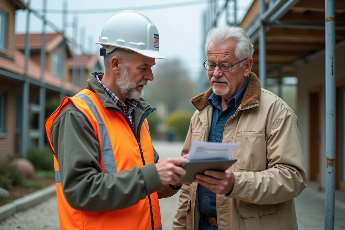 Deux artisans du bâtiment consultant un devis journalier devant une maison en rénovation