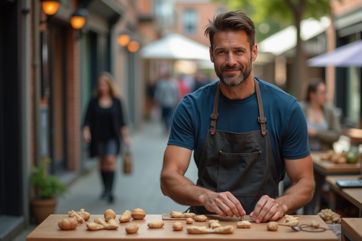 Homme entrepreneur gérant un stand artisanal sur un marché urbain pour démarrer une petite activité sans capital