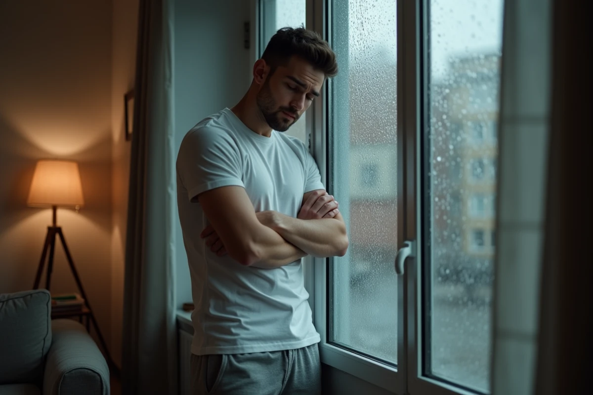 Jeune homme appuyé contre une fenêtre sous la pluie dans un appartement, posture introspective évoquant la détresse psychologique