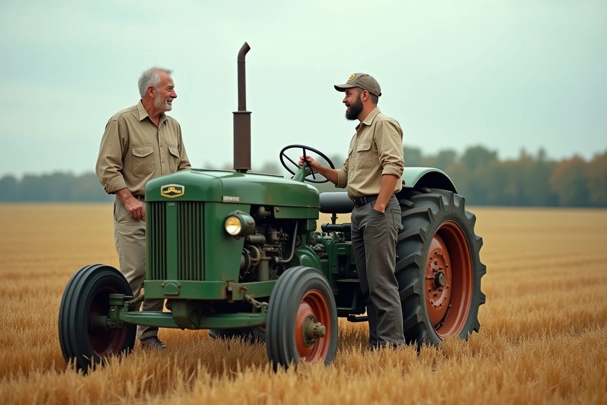 Deux paysans discutant près d'un tracteur dans un champ de blé récolté en automne