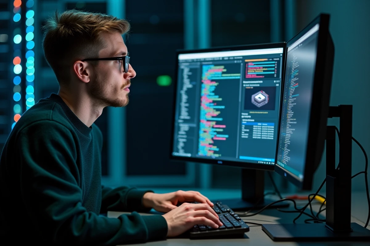 Développeur travaillant sur du code d'infrastructure cloud dans une salle serveur moderne