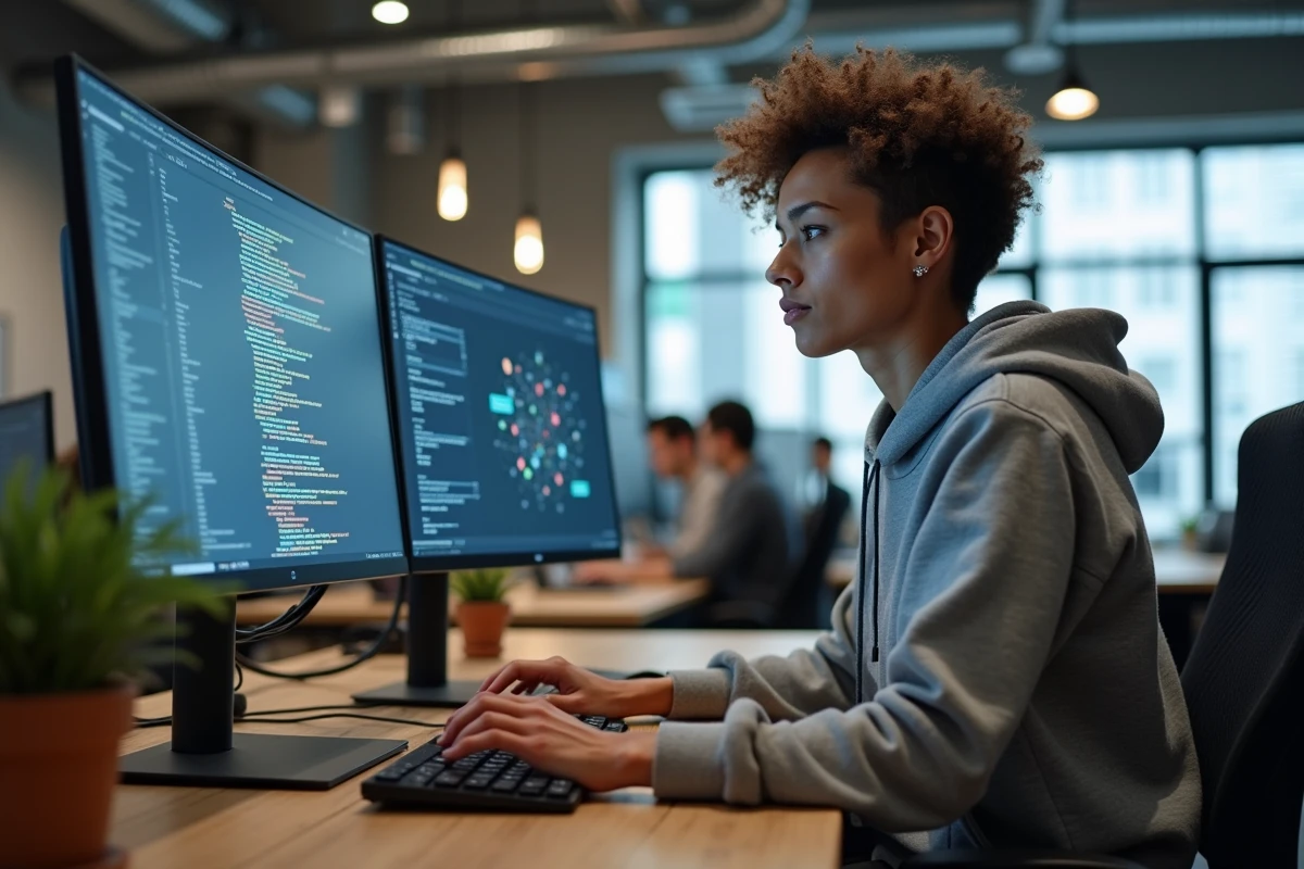 Développeuse logicielle travaillant sur du code blockchain et des contrats intelligents dans un bureau tech moderne en open space